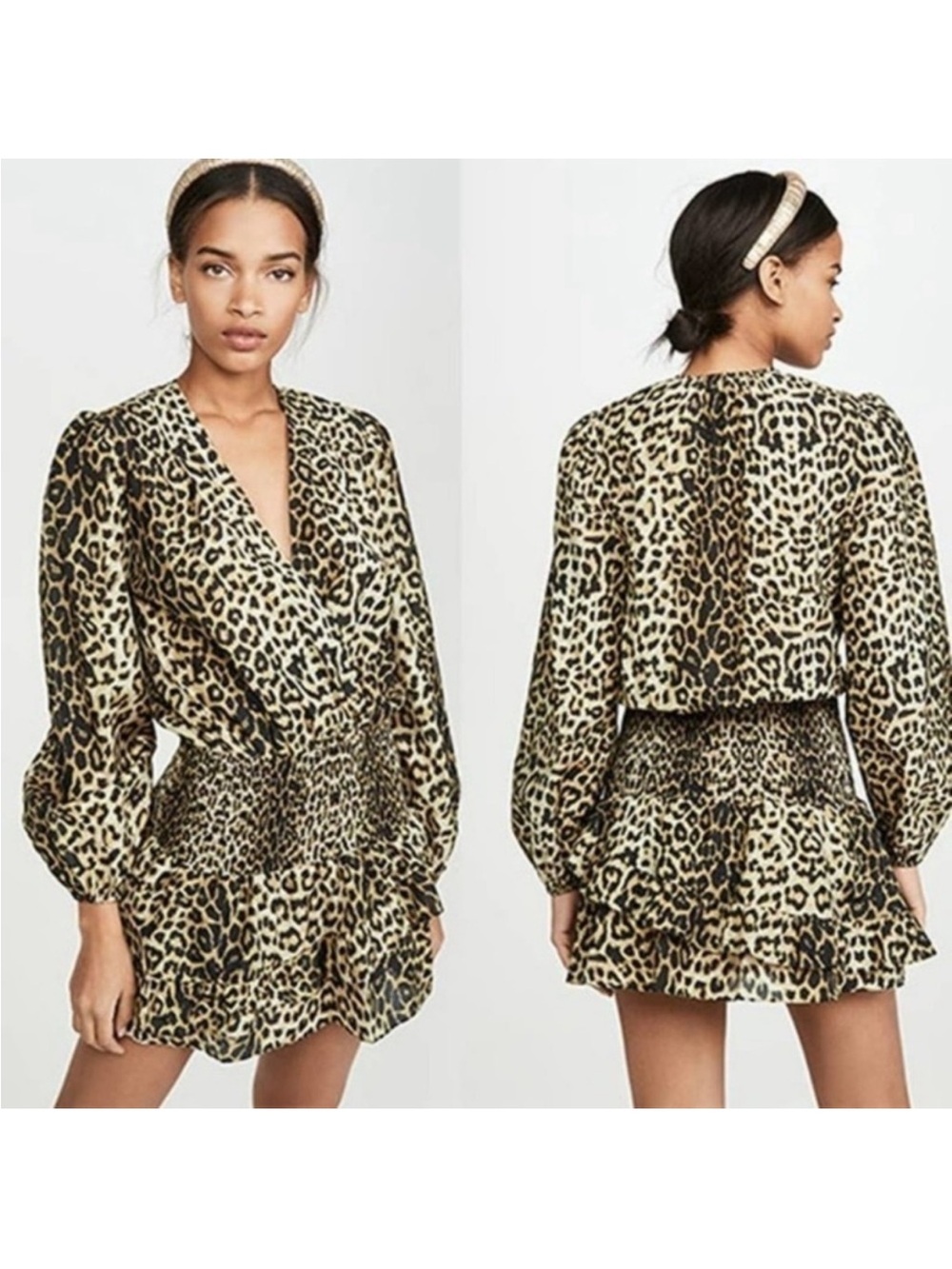 Veronica Beard Kyance Smocked Waist Leopard Print  Mini Dress